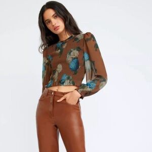 Aritzia Wilfred Tempest Blouse - Woven Floral Smocked Crop Top - Brown/Blue - M